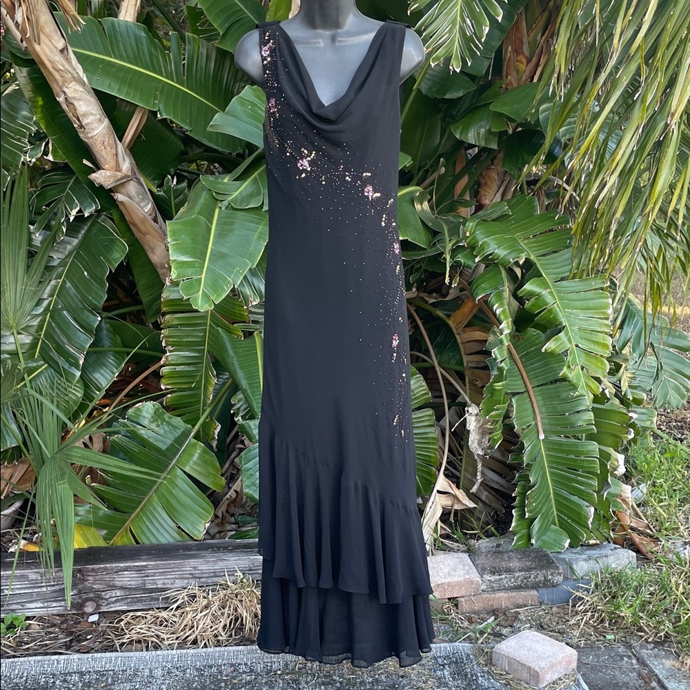 cowlneck bias cut dark floral beaded asymmetric dress